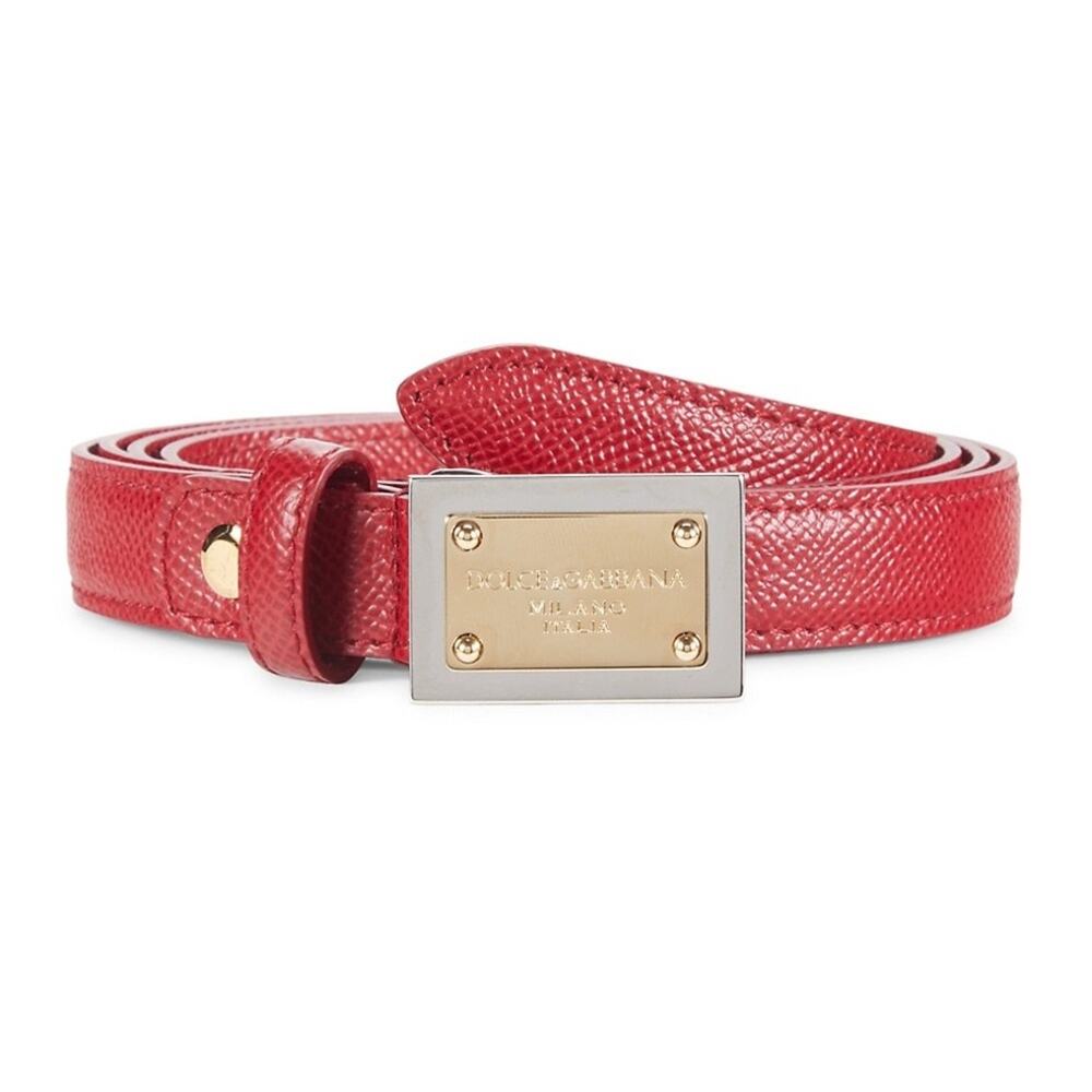 DOLCE & GABBANA Red Pebbled Leather Logo Plate Gold Thin Belt OS NWT